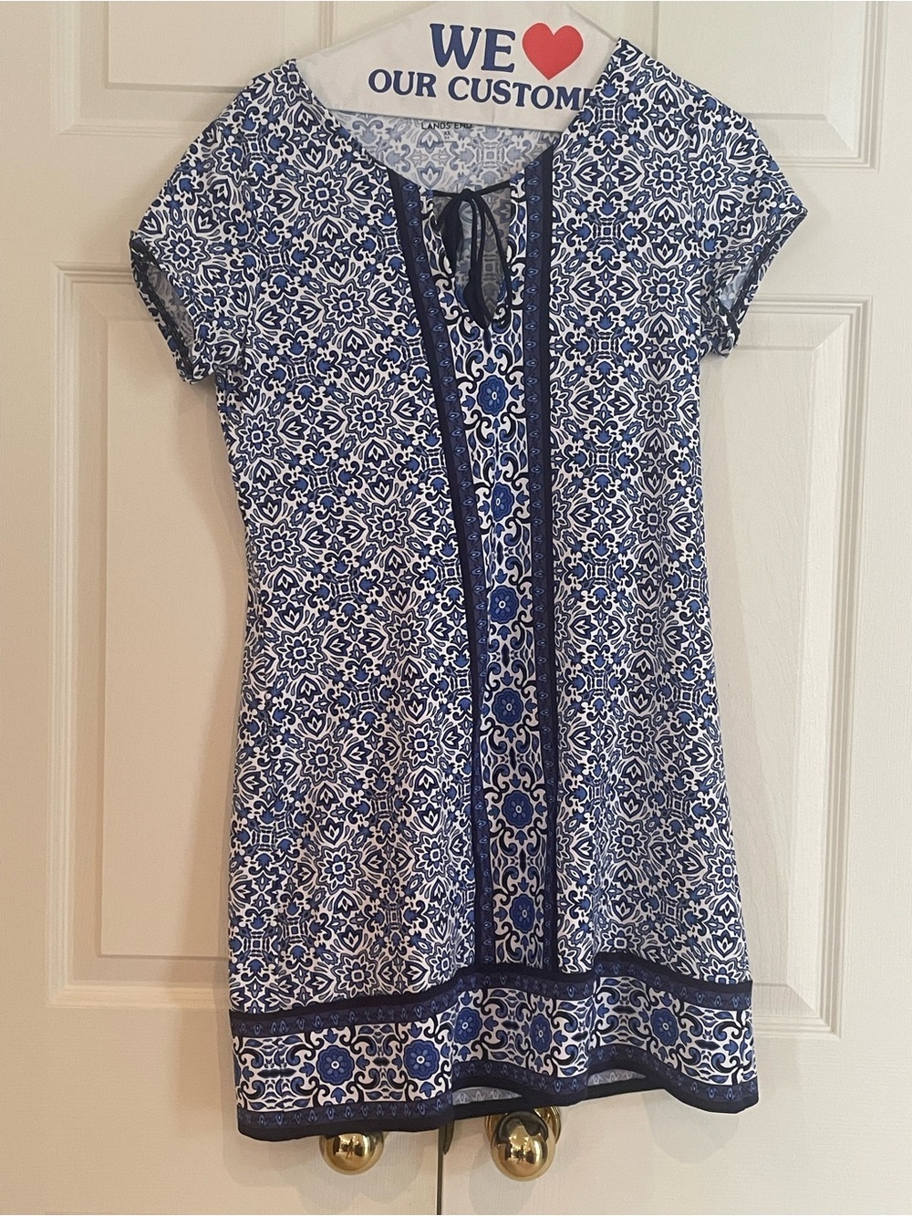 Lands' End Blue and White Printed Tie-Neck Swim Coverup